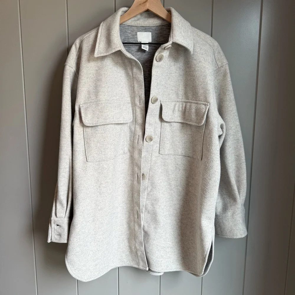 H&M Women’s Jersey Shirt Jacket Shacket in Light Beige Melange Medium